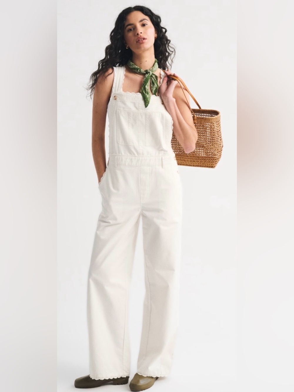 Abercrombie & Fitch Cream Wide-Leg Denim Overalls